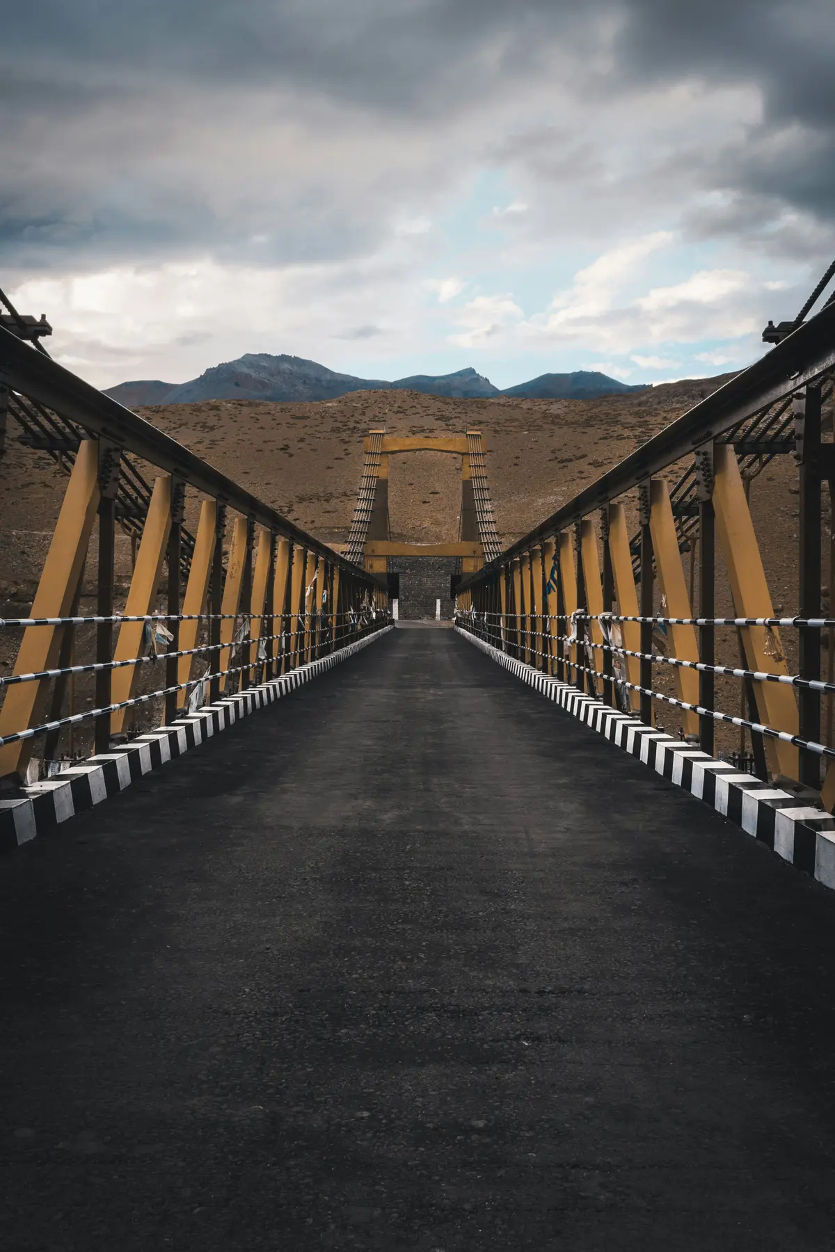 Chicham Bridge, a long steel suspension bridge spanning a canyon in Spiti