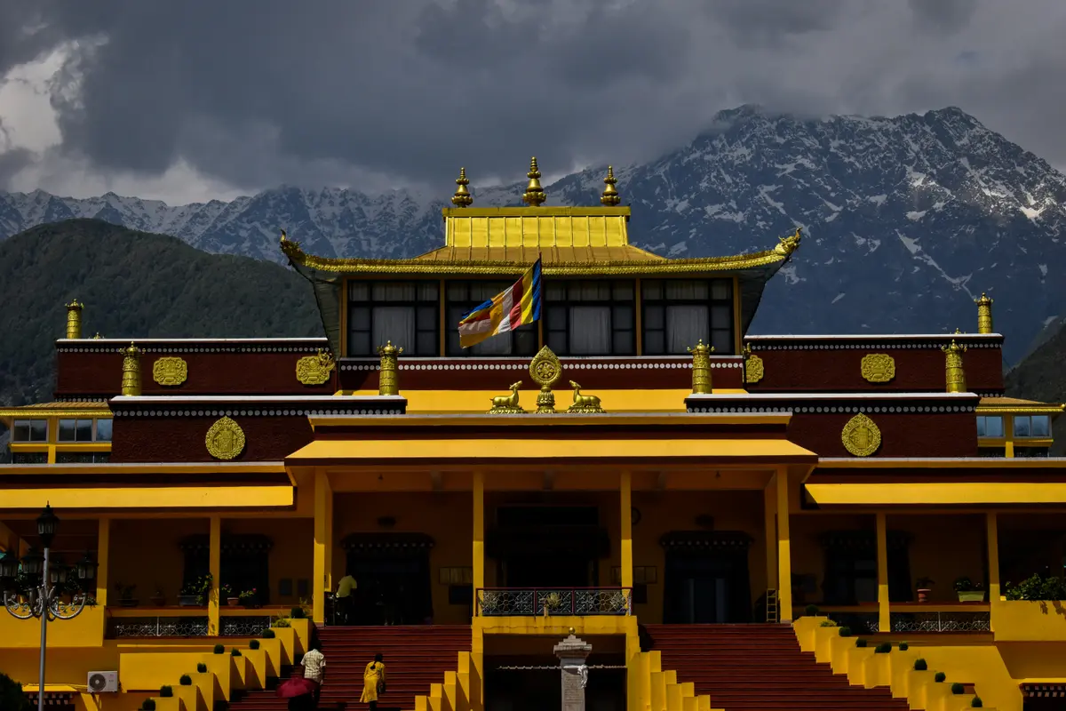Golden monastery steps catching early morning light in Spiti