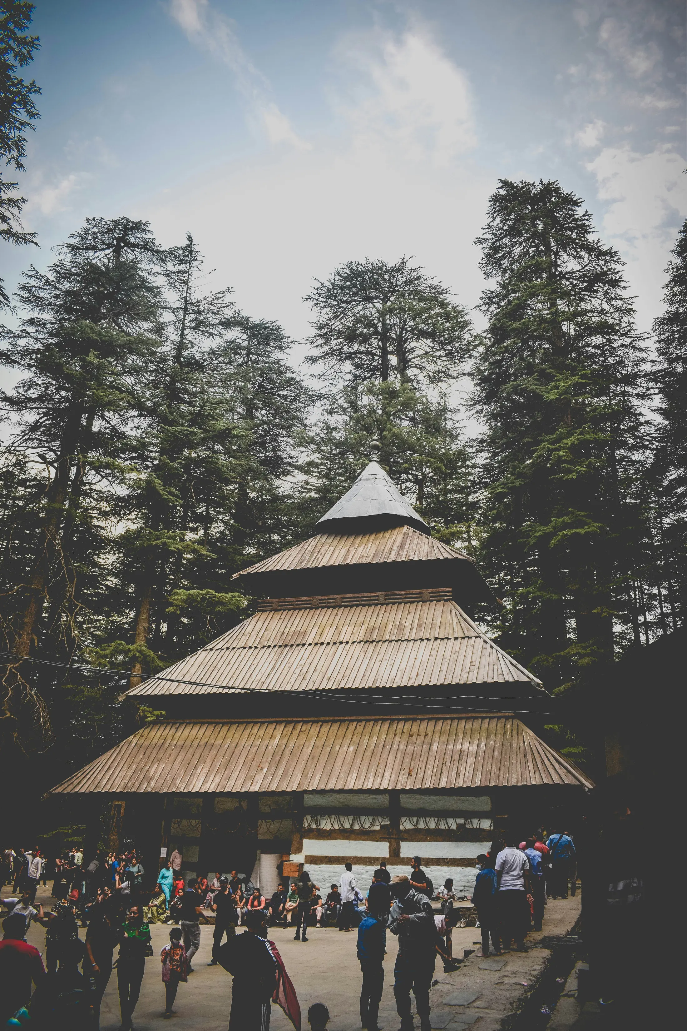 Hidimba Devi Temple's wooden pagoda roof standing in a snow-covered cedar forest near Manali